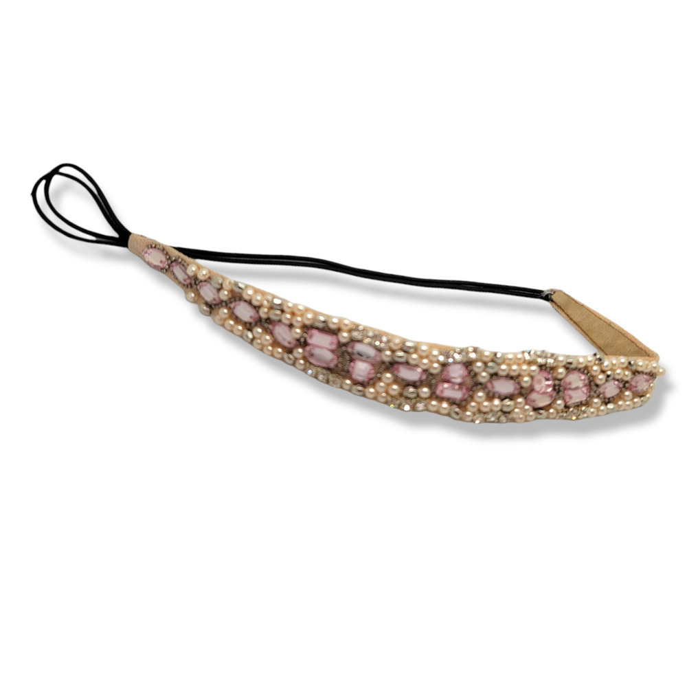 Handmade Pink Crystal Faux Pearl Soft Stretch Head Band